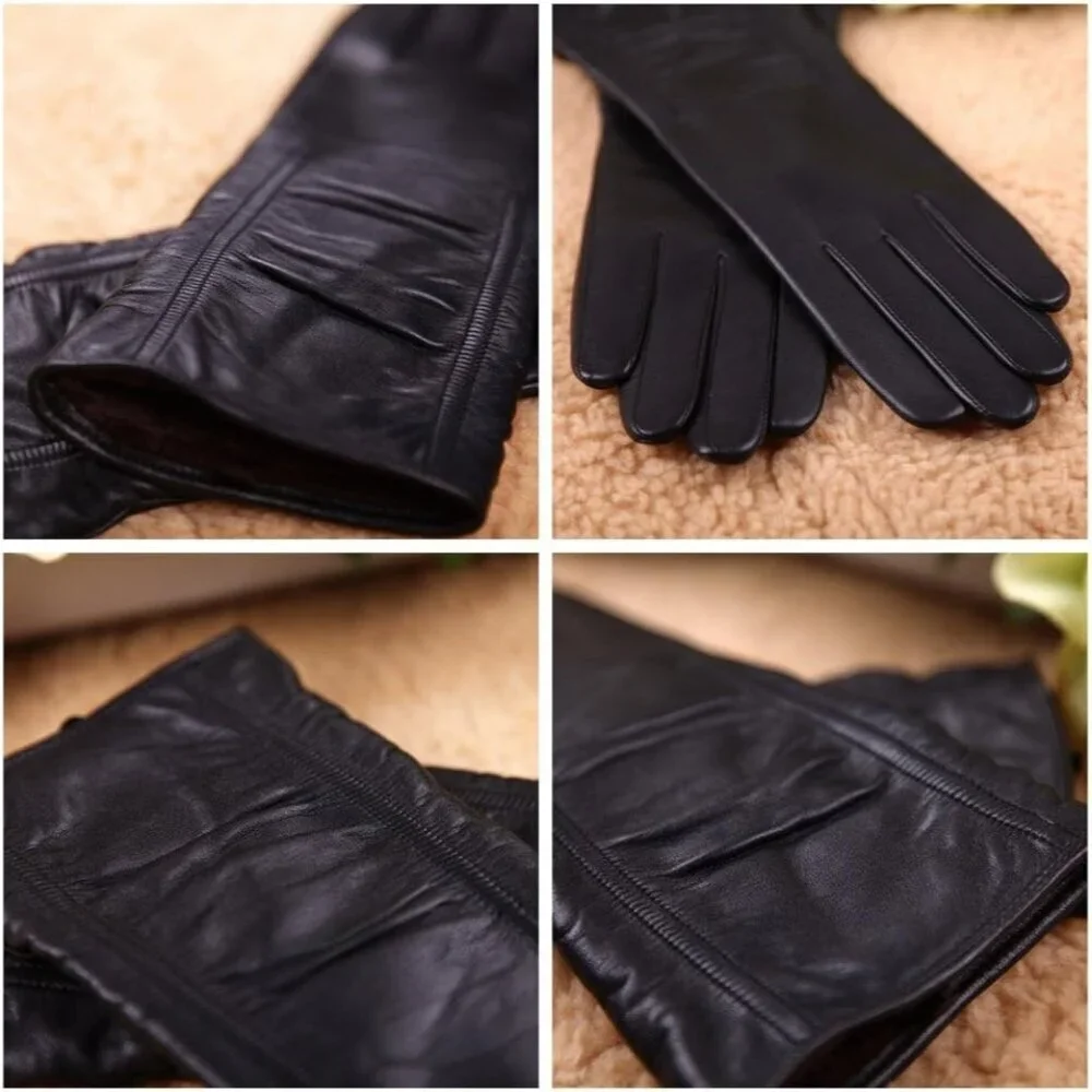 Women's Black Lambskin Leather Touchscreen Gloves Winter Lined Long Sleeve